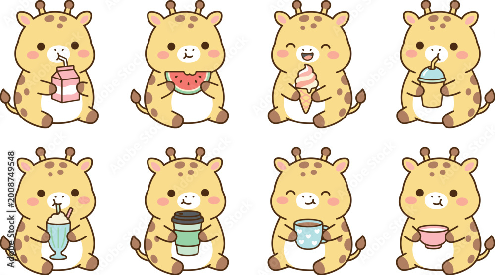 Fototapeta premium Cute giraffe character set eating drinking watermelon milk ice cream coffee smoothie for cafe nursery kids menu snack food beverage vector illustration collection school design icons.