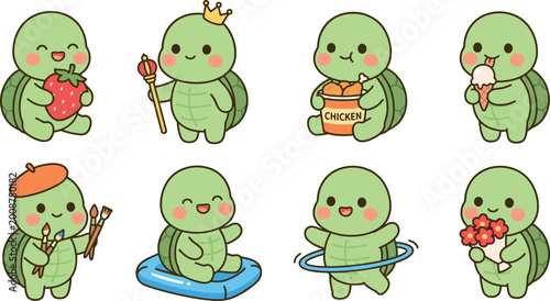 Φωτογραφία Cute turtle character set eating strawberry chicken ice cream featuring king art