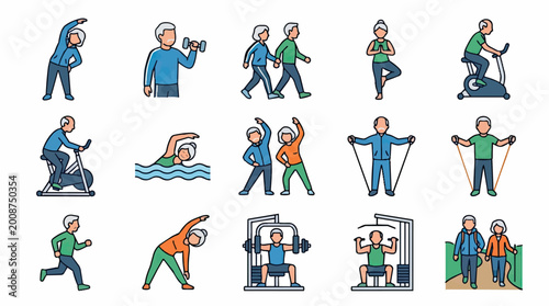 Senior citizens engaged in various healthy lifestyle activities and exercises.