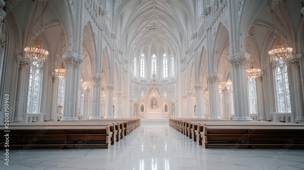 Fototapeta premium Grand white cathedral interior with arched ceilings, stained glass windows, and wooden pews