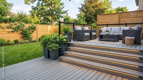 Modern backyard deck with lounge furniture and lit stairs at dusk. Comfortable outdoor living space with wooden fence and green garden landscaping. Contemporary patio patio design concept.