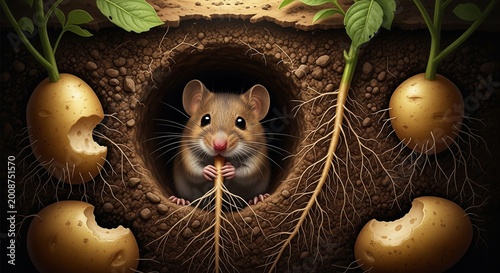 Mouse eating root in underground den filled with potato. Rodent living in soil habitat surrounded by vegetables. Natural wildlife scene in garden ground level view across underground hole.