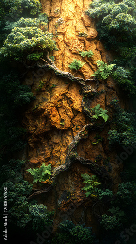 Ancient Timber: A towering redwood, its rough bark textured and weathered by time, provides a striking contrast with the verdant foliage. a testament to the resilience and beauty of the natural world