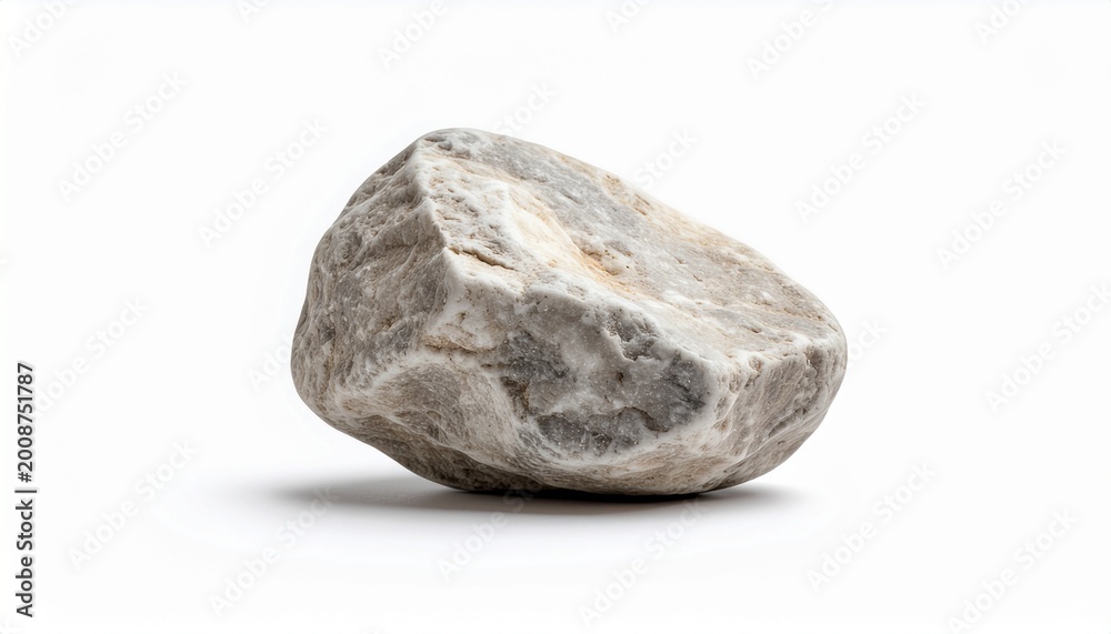 Fototapeta premium A single, rough, gray stone sits isolated on a plain white background with subtle shadows