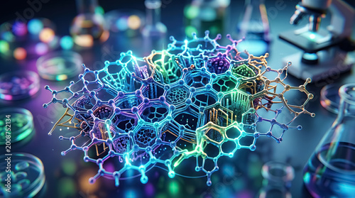 Futuristic molecular nanostructure glowing in advanced scientific laboratory