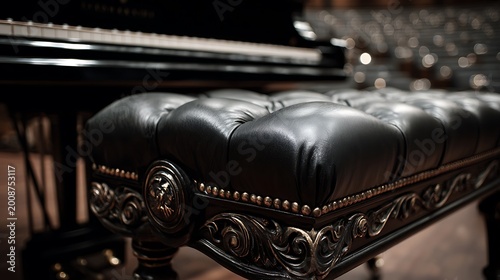 Elegant tufted leather piano bench with ornate wood carving.