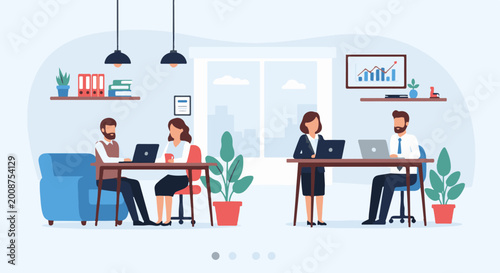 Employees working at desks in a modern office with plants and city view