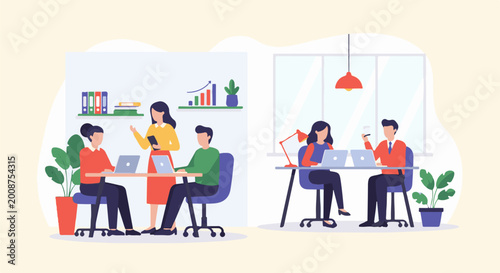 Modern office scene with people collaborating at desks, plants, and work-related graphics