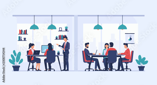 Modern office scene with people in meetings and at desks, plants and cityscape visible