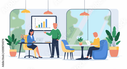 Modern office scene with people, plants, and a bar graph presentation