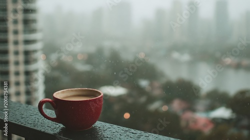 Red coffee mug on balcony overlooking a rainy city skyline.