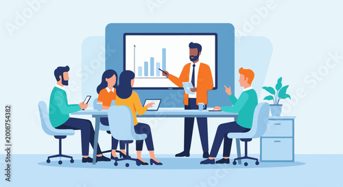 Five diverse people collaborate in a modern office meeting room, analyzing growth charts