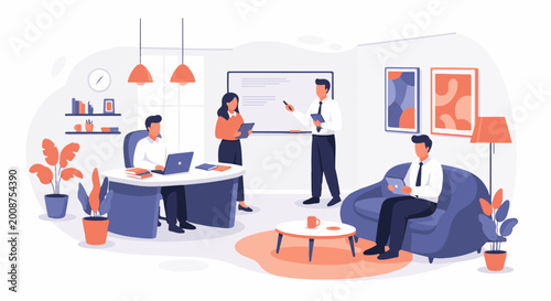 Modern office scene with people working and collaborating around desks and whiteboards