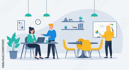Modern office scene with people collaborating on projects and presenting data