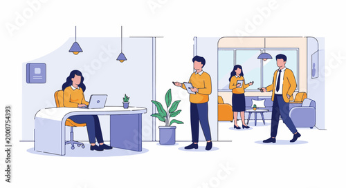 Modern office scene with people interacting at desks and in a lounge area
