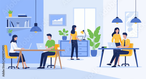 Flat illustration of diverse people working collaboratively in a bright, modern office environment with plants