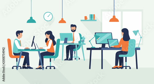 Flat illustration of diverse people working at desks in a modern office with computers