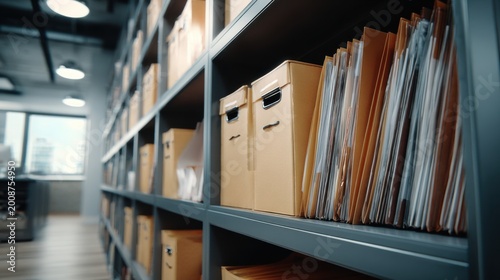 Organized archive shelves with files and boxes in an office storage room