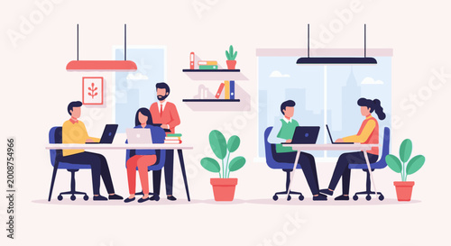 Flat illustration of diverse people working together in a modern office environment