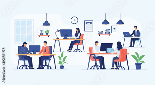 Flat illustration of diverse people working together at desks in a modern office environment
