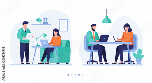 Flat illustration of office workers collaborating and using laptops in separate workstations