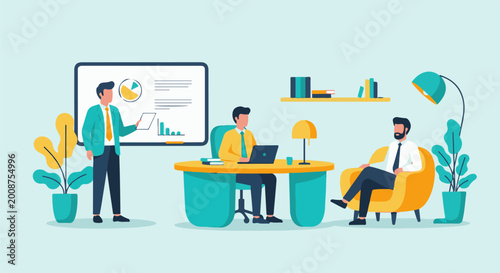 Flat illustration of men in an office setting, one presenting charts on a screen