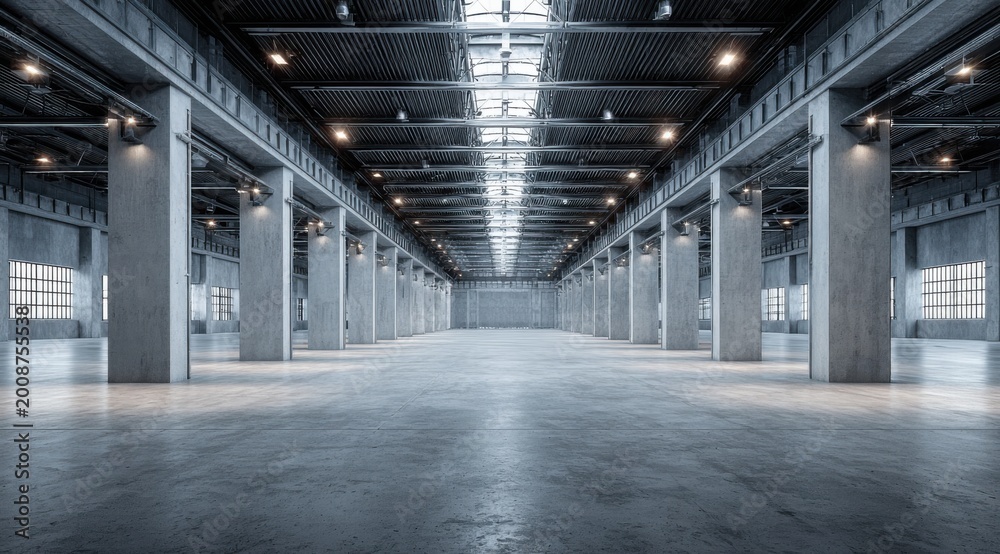 Fototapeta premium Vast Empty Industrial Warehouse Interior with Concrete Pillars and Natural Light Streaming Through Skylights
