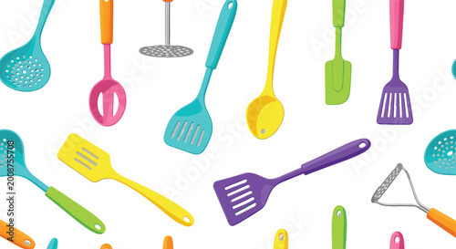 Bilde på lerret Colorful kitchen utensils pattern with spatulas spoons mashers and tools in flat