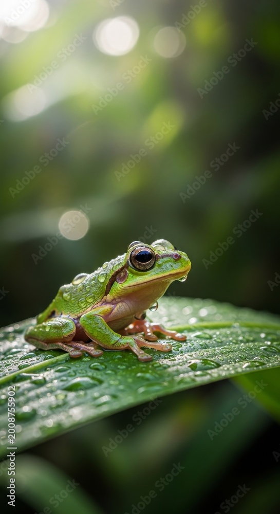 Fototapeta premium Small green frog sits on dew-covered leaf
