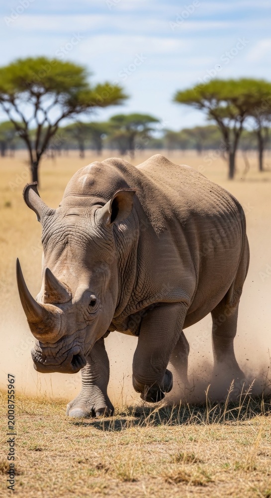 Fototapeta premium Powerful rhinoceros charging across the African savanna