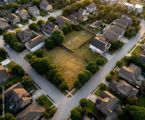 Aerial view of suburban neighborhood with houses, streets, trees, and undeveloped land