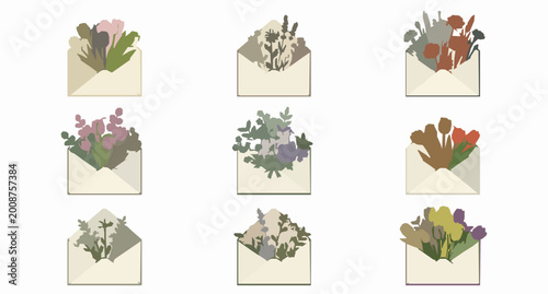 Fotografia Minimal floral envelope vector collection spring bouquet letters and romantic ma
