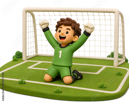 A cheerful cartoon soccer goalkeeper celebrates a victory on a green field with a goal behind him.