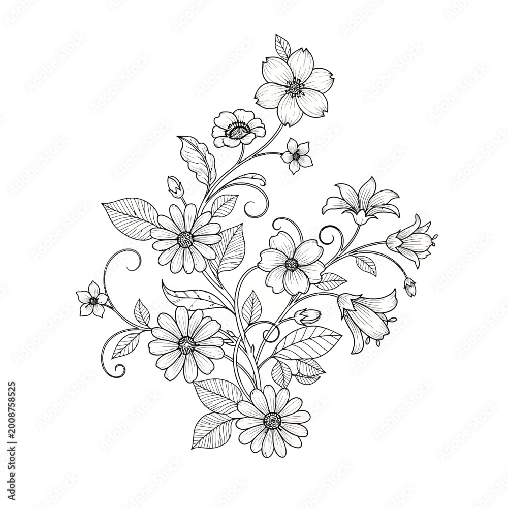 Fototapeta premium Elegant Floral Arrangement, Delicate Flowers and Leaves, Hand-Drawn Sketch Style