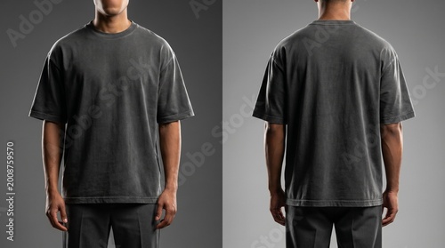 This image features a front and back view of a plain charcoal oversized T-shirt worn by a model on a neutral background, ideal for mockups or showcasing urban streetwear fashion designs