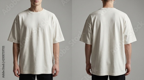 This image features a front and back view of a plain off-white oversized t-shirt worn by a model on a neutral background, ideal for mockups or showcasing minimalist streetwear fashion designs
