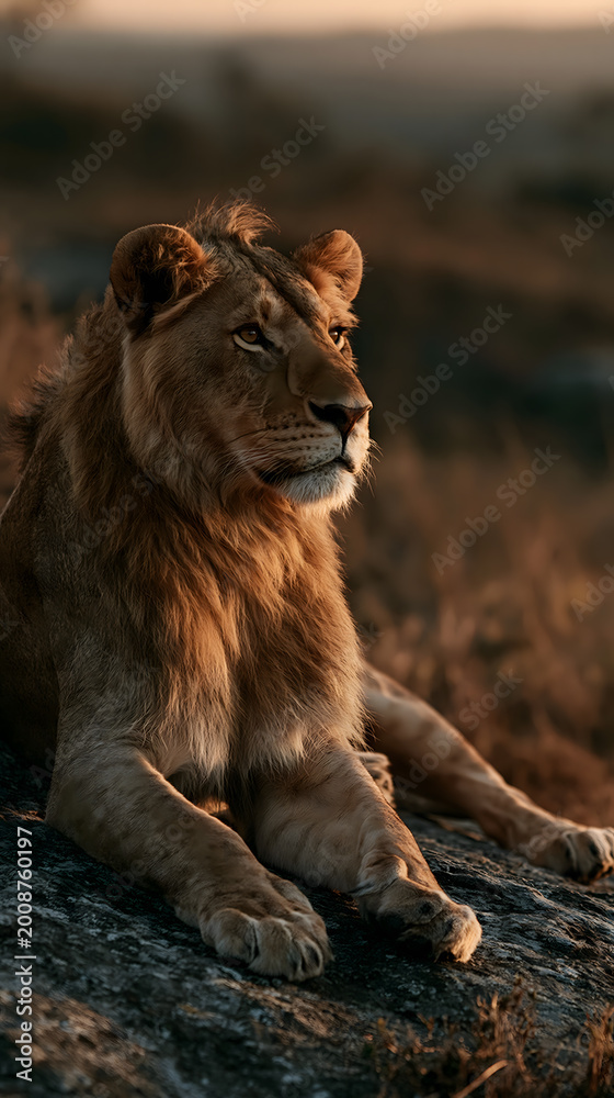 Fototapeta premium Lion's Regal Gaze: A majestic lion lounges atop a weathered rock, its eyes fixed on the horizon, bathed in the soft glow of a setting sun. This image embodies strength, serenity.