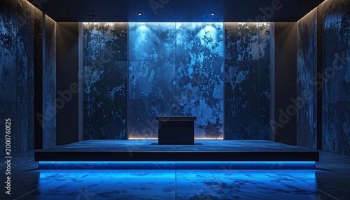 Dark futuristic stage with blue lighting and abstract background