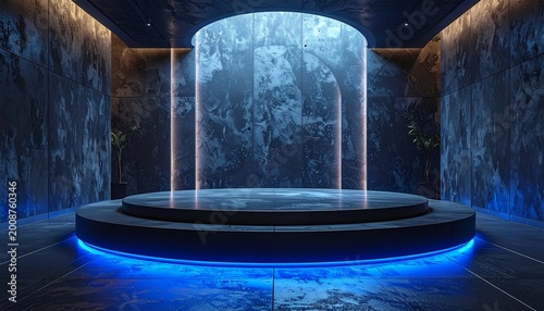 Modern futuristic blue circular stage with waterfall background