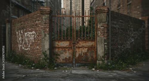 Abandoned industrial gate with graffiti.