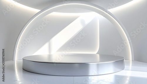 Modern minimalist white circular podium with archway and lighting effe