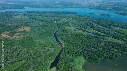 aerial view of vibrant green islands surrounded by waterways. river is polluted with green bacteria due to reproduction during summer water bloom. consequences of warming and technological pollution