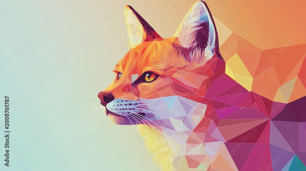 Fototapeta premium Colorful geometric design of a fox head showing details of its features and sharp gaze in an abstract style