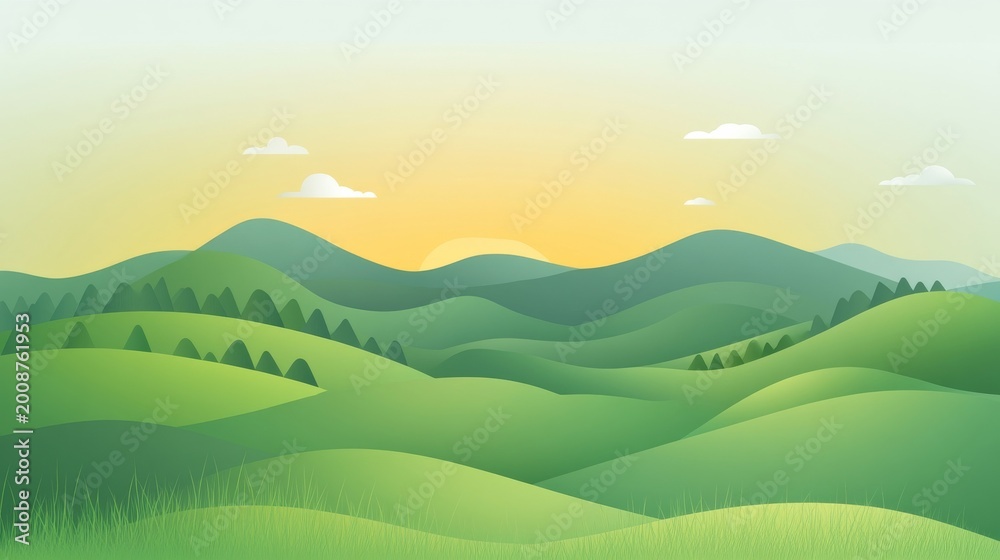 Obraz premium Rolling green hills at sunset with gentle clouds and soft light in the background