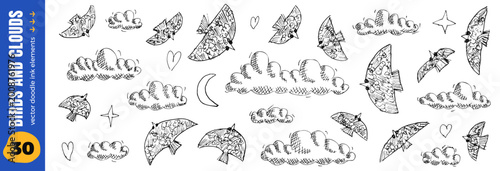 Foto Bird with clouds set and hand drawn folk doodle with crescent moon