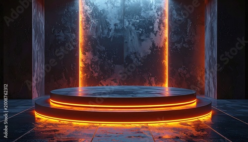 Futuristic orange glowing circular stage platform with dark background