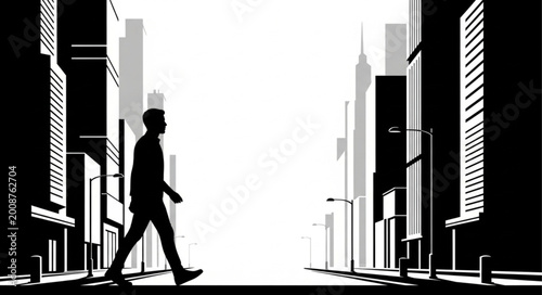 Fotografie Silhouette of a Man Walking in Urban Cityscape.