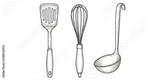Fényképezés Vintage Kitchen Utensils Drawing.