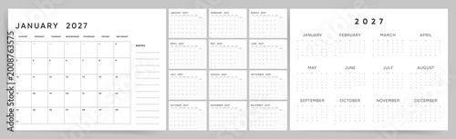 2027 Calendar Template Set, Horizontal Monthly Planner with Notes Section. Minimalist Black and White Wall Calendar, Yearly 12 Month Overview. Clean Modern Vector Design, Sunday Start