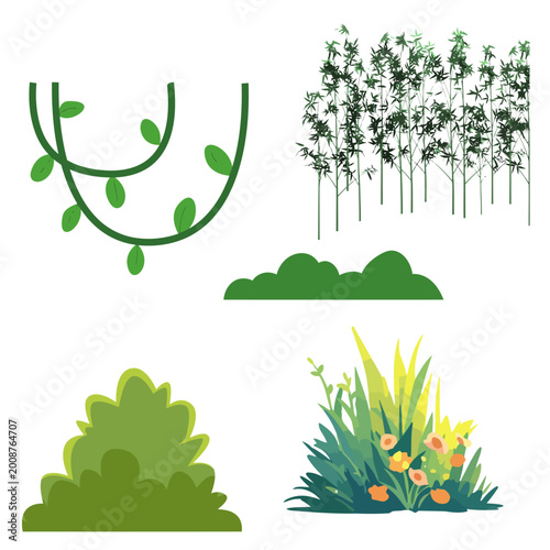 Green foliage icons, leafy plants, garden elements, vector graphics